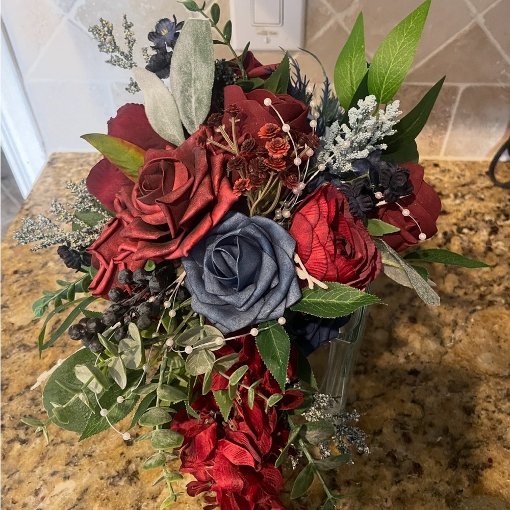Ling’s Moment bouquet with burgundy and Blue Accents